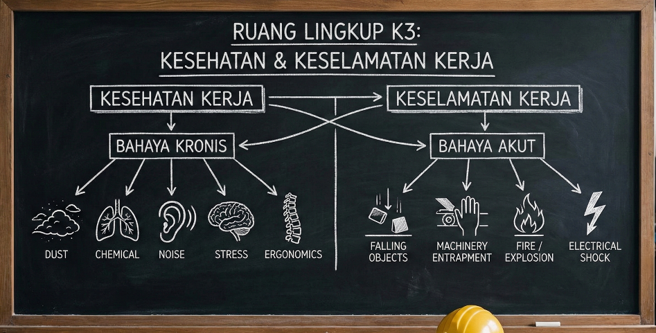 Diagram yang memuat ruang lingkup kesehatan kerja dan keselamatan kerja, termasuk bahaya akut dan bahaya kronis dalam K3.
