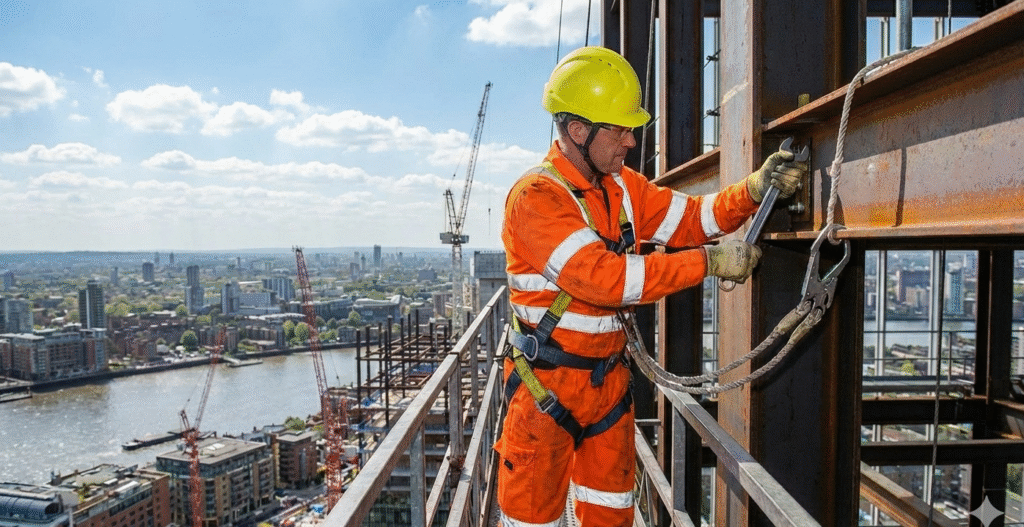 Pekerja menggunakan full body harness saat bekerja di ketinggian