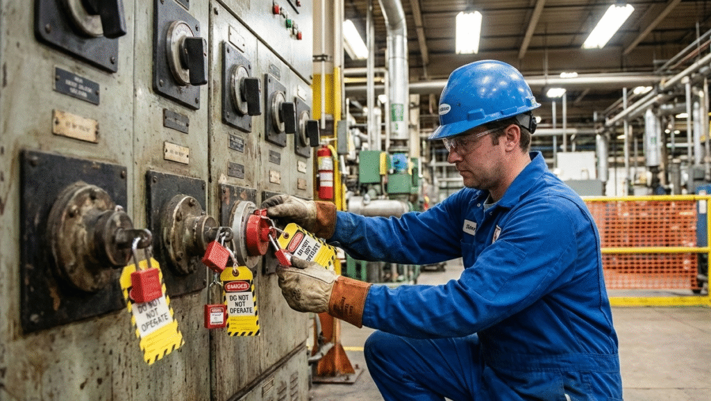 Seorang teknisi K3 menggunakan APD lengkap sedang memasang perekat Lockout Tagout (LOTO) berupa gembok merah dan label peringatan ‘Do Not Operate’ pada sakelar panel listrik industri untuk prosedur isolasi energi aman