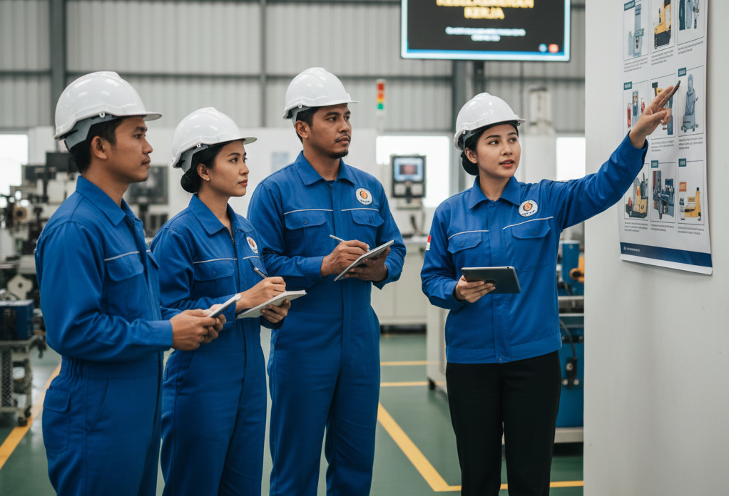 Sekelompok pekerja konstruksi sedang mendengarkan pengarahan safety talk atau tool box meeting dari supervisor K3 sebelum memulai pekerjaan.