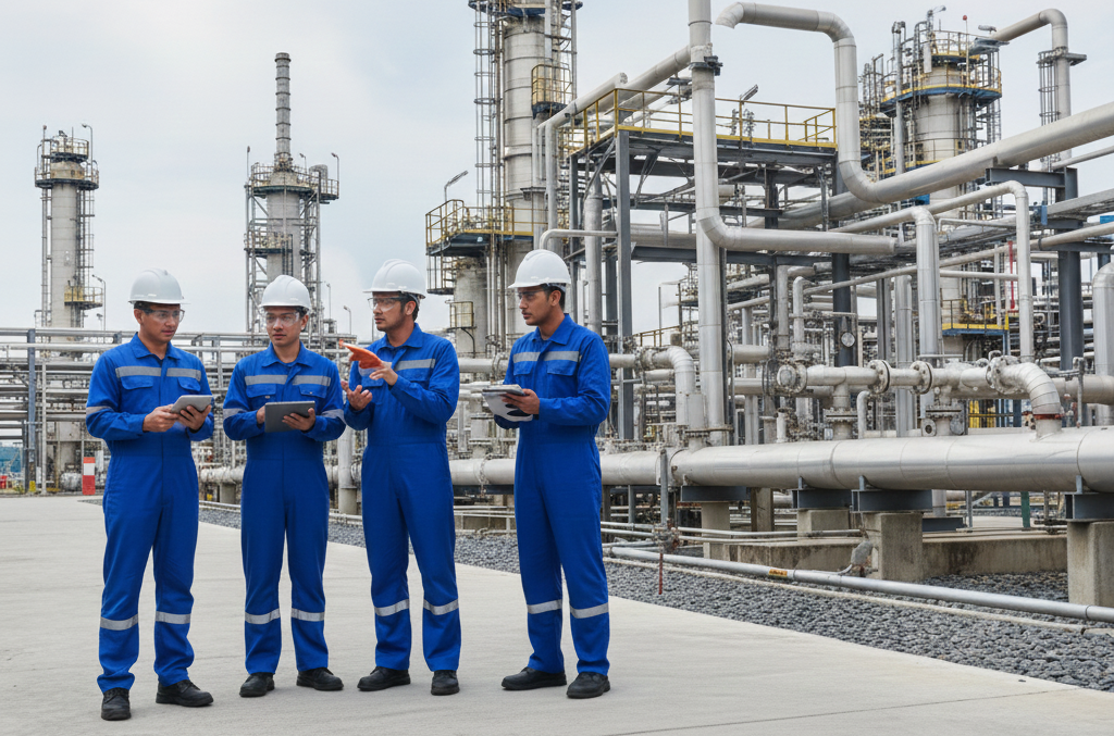 Sesi diskusi metode HAZOP IEC 61882 oleh tim ahli K3 dan engineer untuk analisis keselamatan proses.