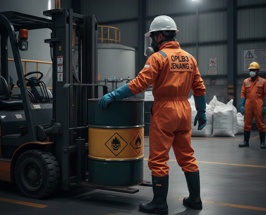 Operator OPLB3 Jenjang 3 menggunakan APD lengkap saat mengelola limbah B3 di TPS sesuai standar K3 dan regulasi KLHK