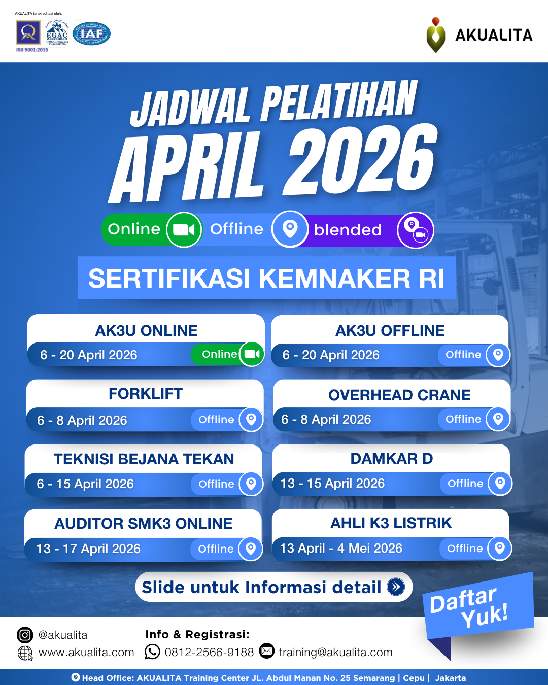 Jadwal Pelatihan April 2026 Kemnaker RI AKUALITA
