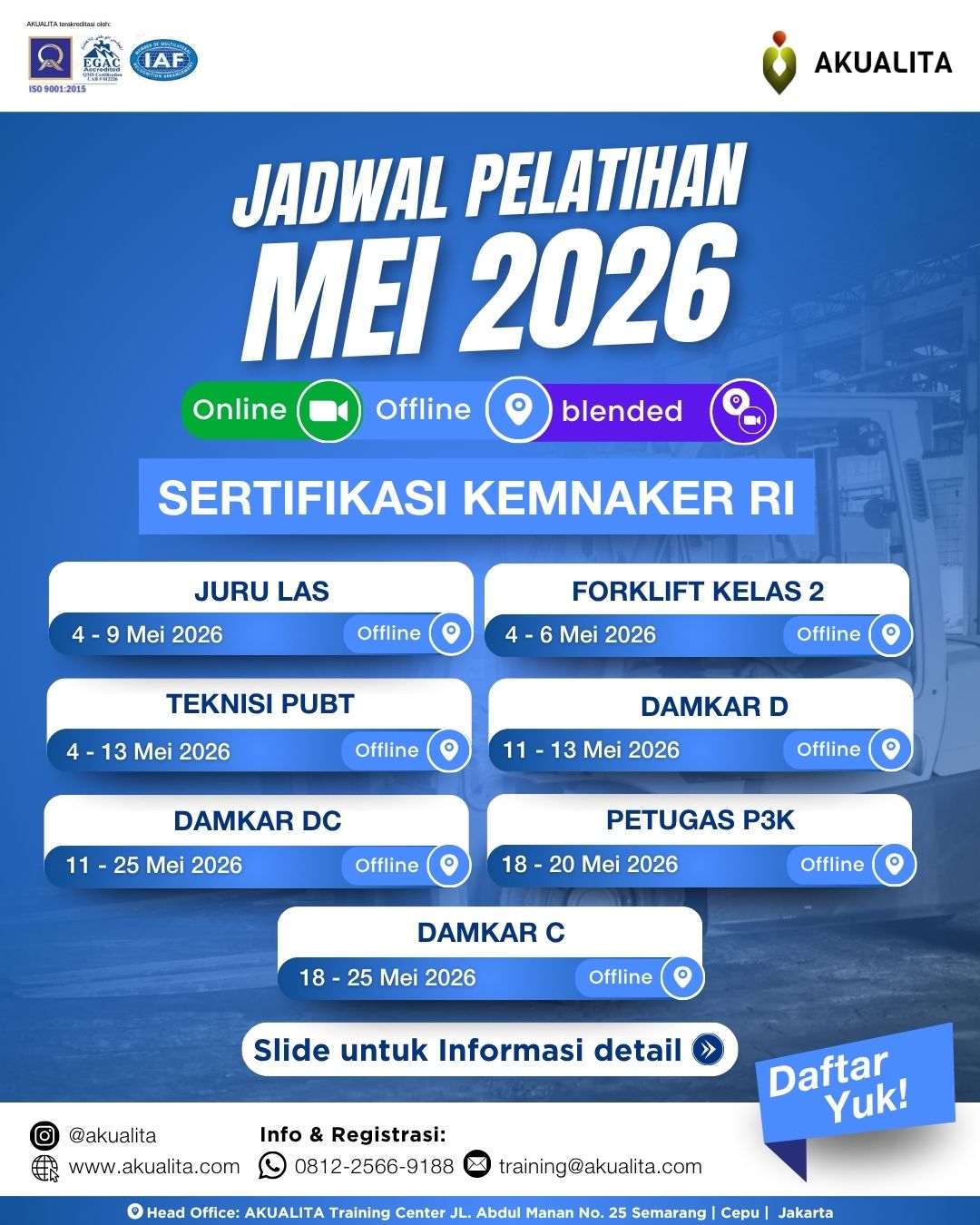 Jadwal Pelatihan Mei 2026 Kemnaker RI AKUALITA