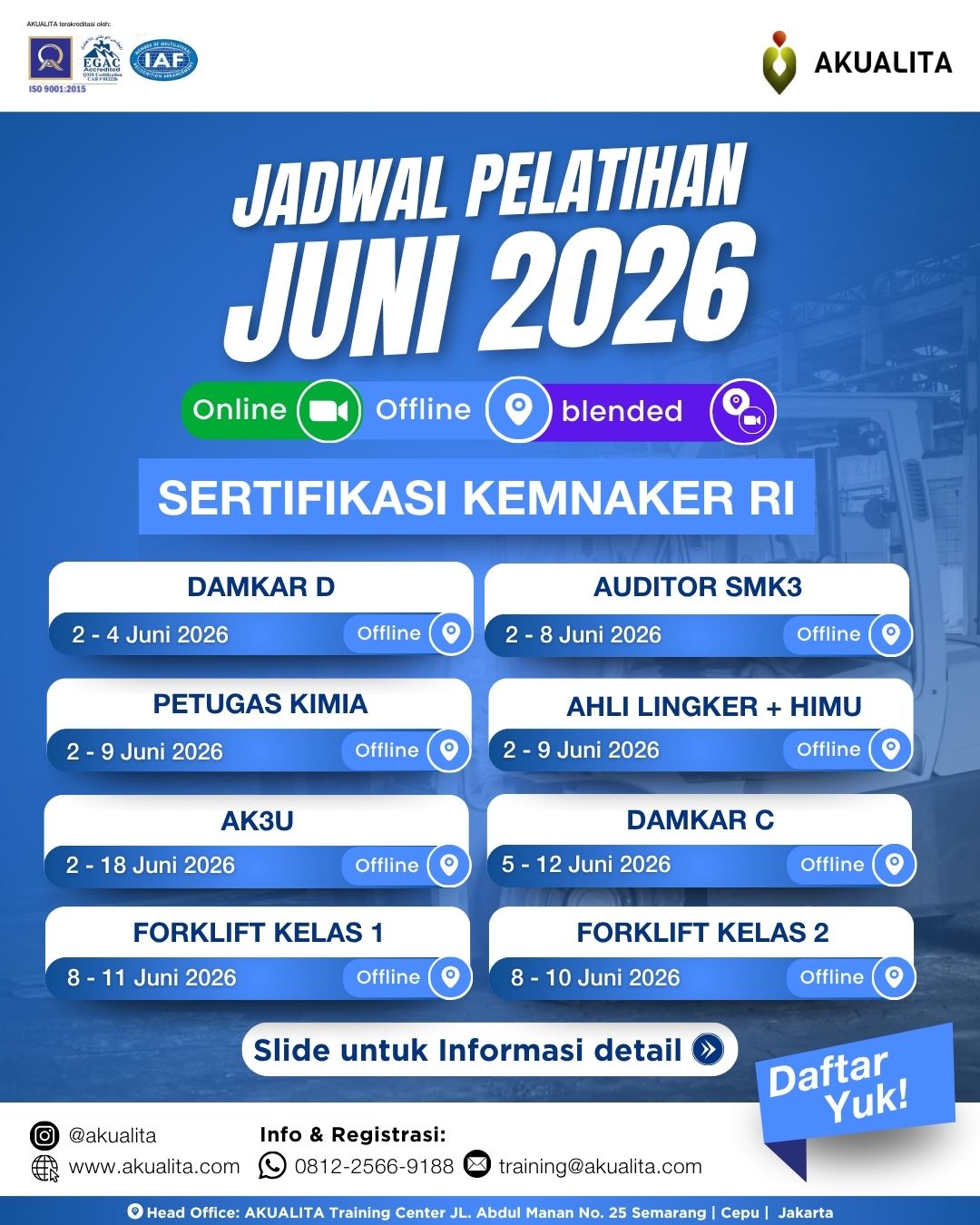 Jadwal Pelatihan Juni 2026 Kemnaker RI AKUALITA